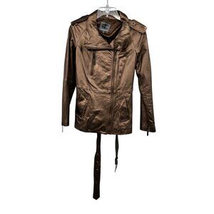Queen Collection Leather Moto Jacket Belted Full Zip Metallic Brown Size Small